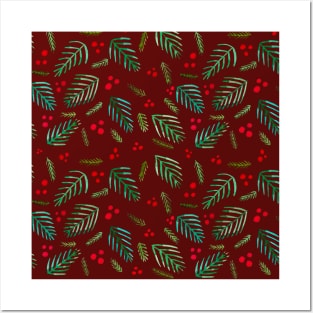 Christmas tree branches and berries - red and green Posters and Art